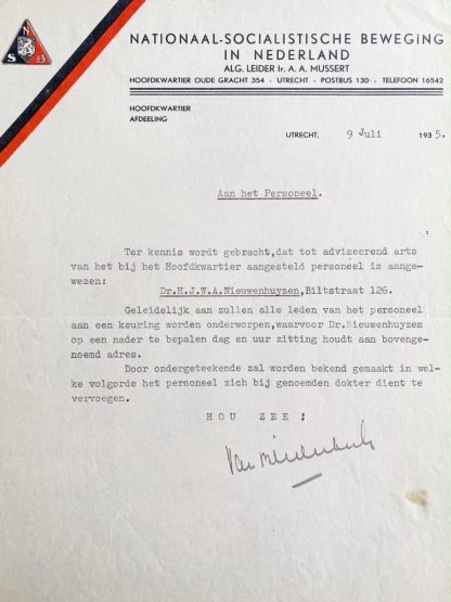 Original WWII Dutch NSB headquarters document signed by Bilderbeek