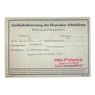Original WWII German D.A.F. support abroad card - French member from Castelsarrasin