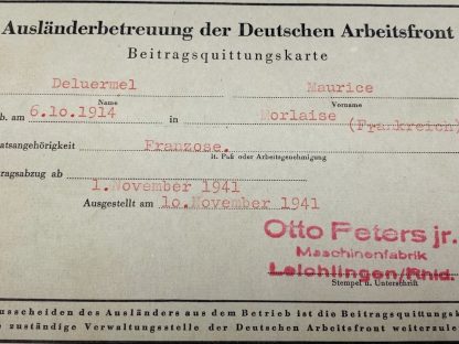Original WWII German D.A.F. support abroad card - French member from Morlaix