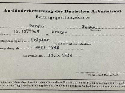 Original WWII German D.A.F. support abroad card - Belgian member from Brugge