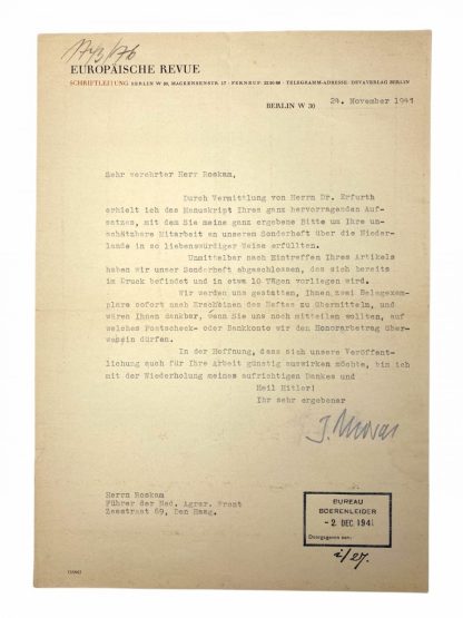 Original WWII German letter to Evert Jan Roskam (Agrarisch Front)