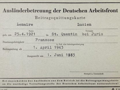 Original WWII German D.A.F. support abroad card - French member from St. Quentin