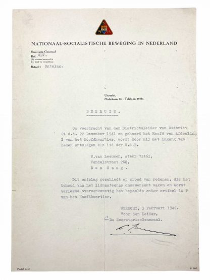 Original WWII Dutch NSB photo and hand signed letter Carolus Huygen
