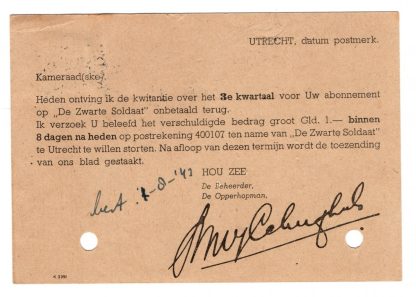 Original WWII Dutch NSB 'De Zwarte Soldaat' contribution card