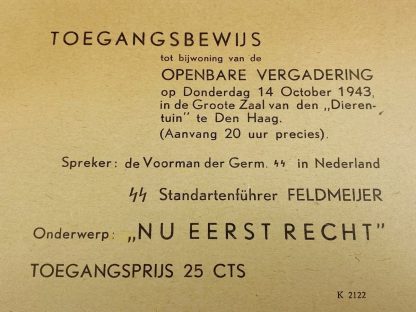 Original WWII Dutch SS entrance ticket for speech of Henk Feldmeijer