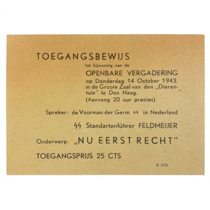 Original WWII Dutch SS entrance ticket for speech of Henk Feldmeijer