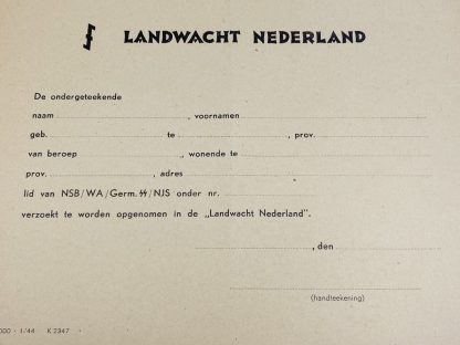 Original WWII Dutch 'Landwacht Nederland' registration form