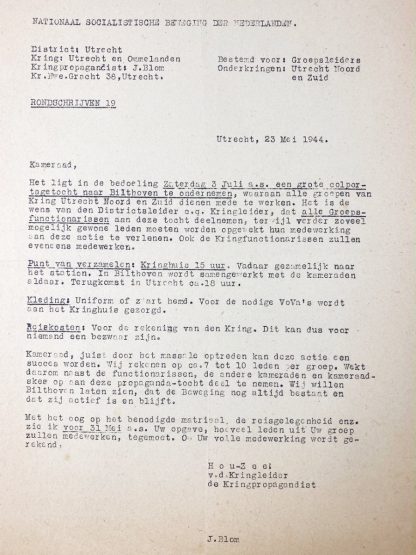 Original WWII Dutch NSB document - Peddling tour to Bilthoven