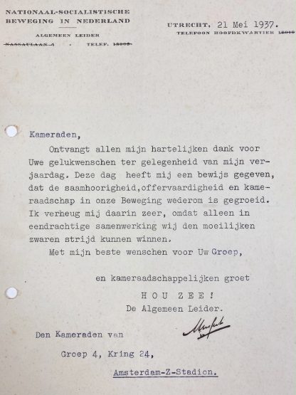 Original WWII Dutch NSB leader Anton Mussert letter