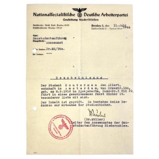 Original WWII German NSDAP document of Dutch SS member Jan Allart in Breslau