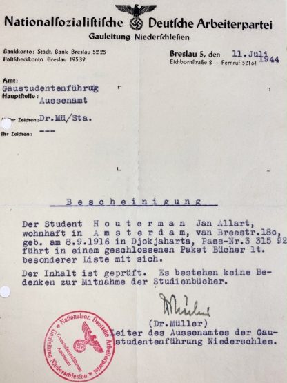 Original WWII German NSDAP document of Dutch SS member Jan Allart in Breslau