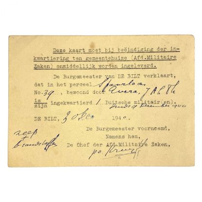 Original WWII Dutch billet card for German soldiers in De Bilt