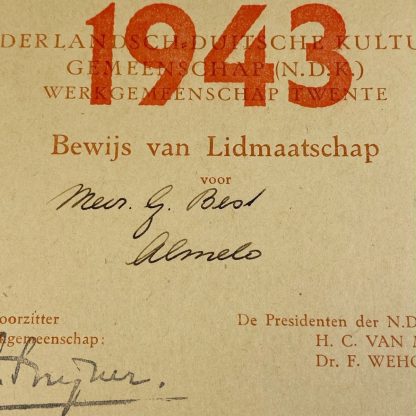 Original WWII Dutch N.D.K. membership card - Almelo