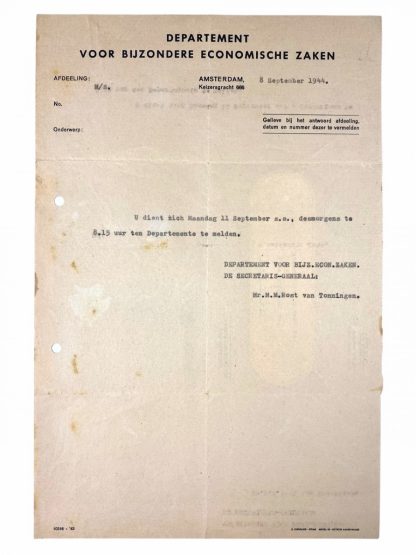Original WWII Dutch NSB Rost van Tonningen letter and portrait photo