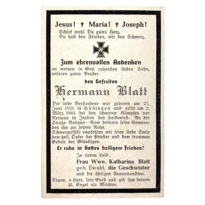 Original WWII German death card - Italy