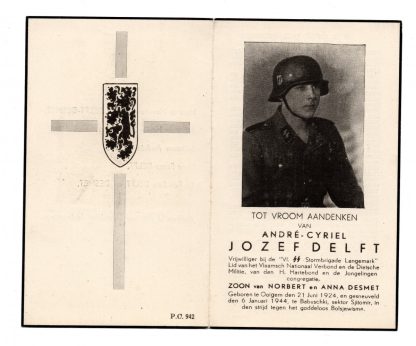 Original WWII Flemish Waffen-SS 6. SS-Freiwilligen-Sturmbrigade Langemarck death card