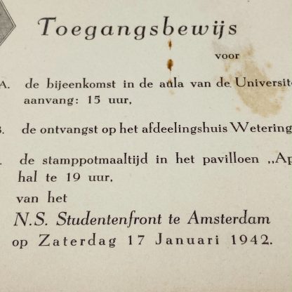 Original WWII Dutch Studentenfront entrance card