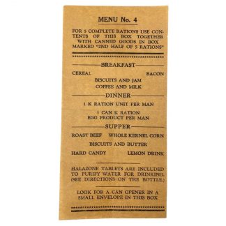 Original WWII US ration menu No.4