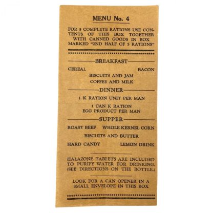 Original WWII US ration menu No.4