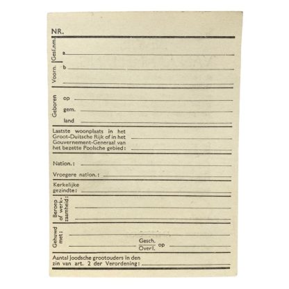 Original WWII Dutch registration card for persons of Jewish origin