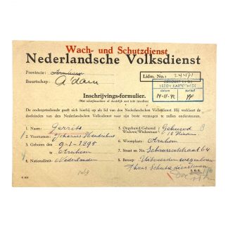Original WWII Dutch NVD Wach und Schutzdienst registration form Arnhem
