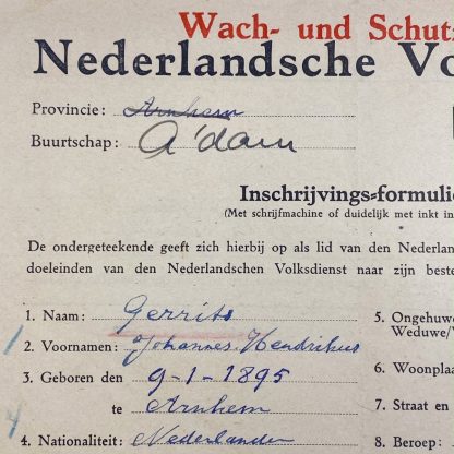 Original WWII Dutch NVD Wach und Schutzdienst registration form Arnhem