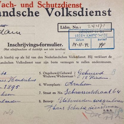 Original WWII Dutch NVD Wach und Schutzdienst registration form Arnhem