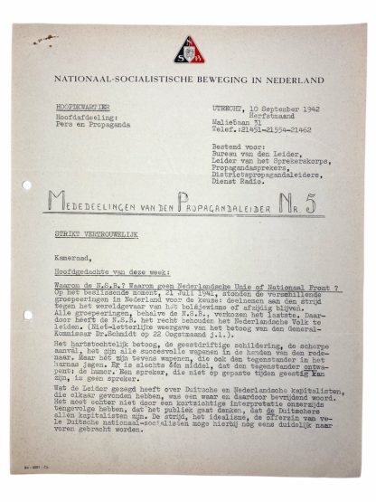 Original WWII Dutch NSB document 'Announcements from the Propaganda leader'