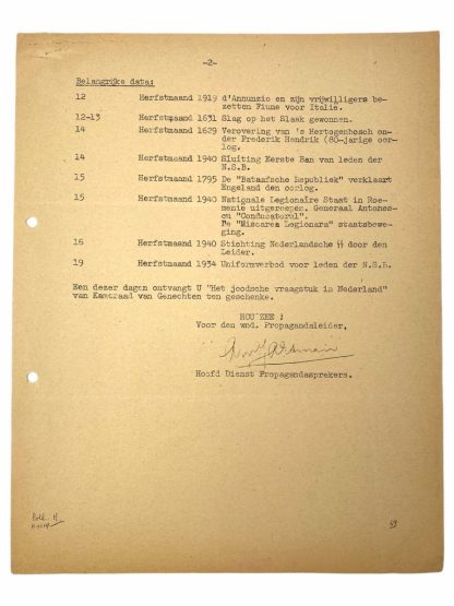 Original WWII Dutch NSB document 'Announcements from the Propaganda leader'