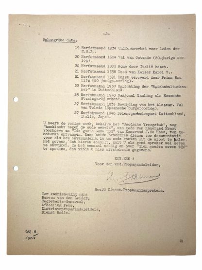 Original WWII Dutch NSB document 'Announcements from the Propaganda leader'