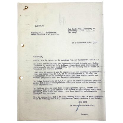 Original WWII Dutch NSB letter Secretary-General Huygen - Corporation between Dutch collaboration organizations