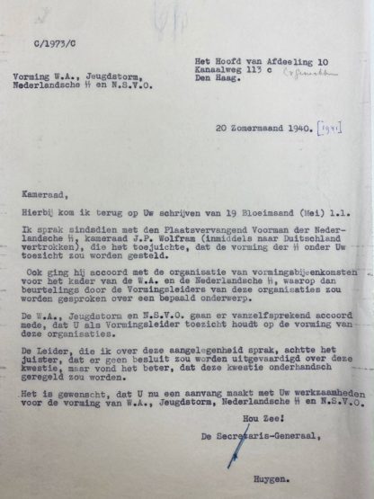 Original WWII Dutch NSB letter Secretary-General Huygen - Corporation between Dutch collaboration organizations