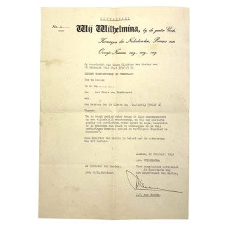 Original WWII Dutch Wilhelmina document ' nomination for cross of merit' London 1943