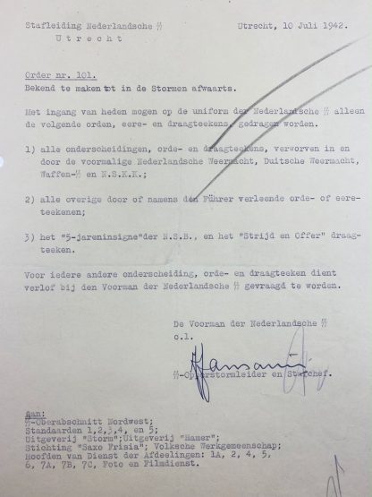 Original WWII Nederlandsche SS order document with autograph SS-Opperstormleider Jansonius