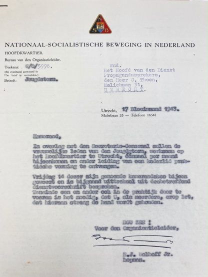 Original WWII Dutch NSB letter and instruction sheet for Jeugdstorm meisjes
