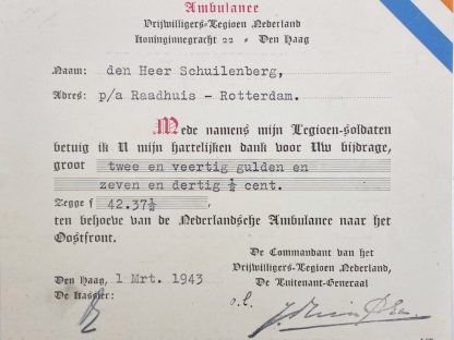 Original WWII Nederlandsche Ambulance donation card 'Vrijwilligers Legioen Nederland'