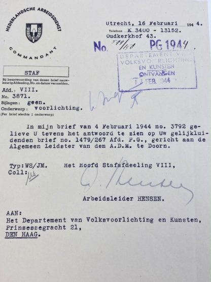 Original WWII Nederlandse Arbeidsdienst document Doorn/Utrecht