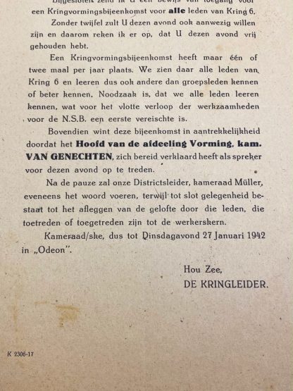 Original WWII Dutch NSB Kring 6 - Rotterdam-West invitation leaflet