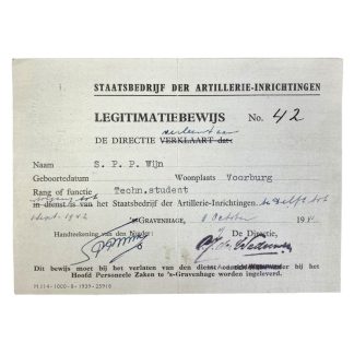 Original WWII Dutch ID card - Staatsbedrijf der Artillerie-Inrichtingen