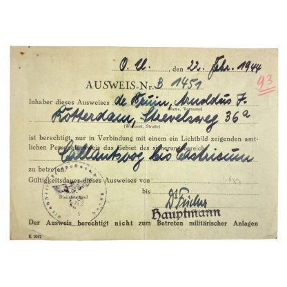 Original WWII German Ausweis for Callantsoog & Castricum