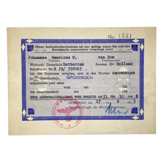 Original WWII German residence permit for Groningen 1943