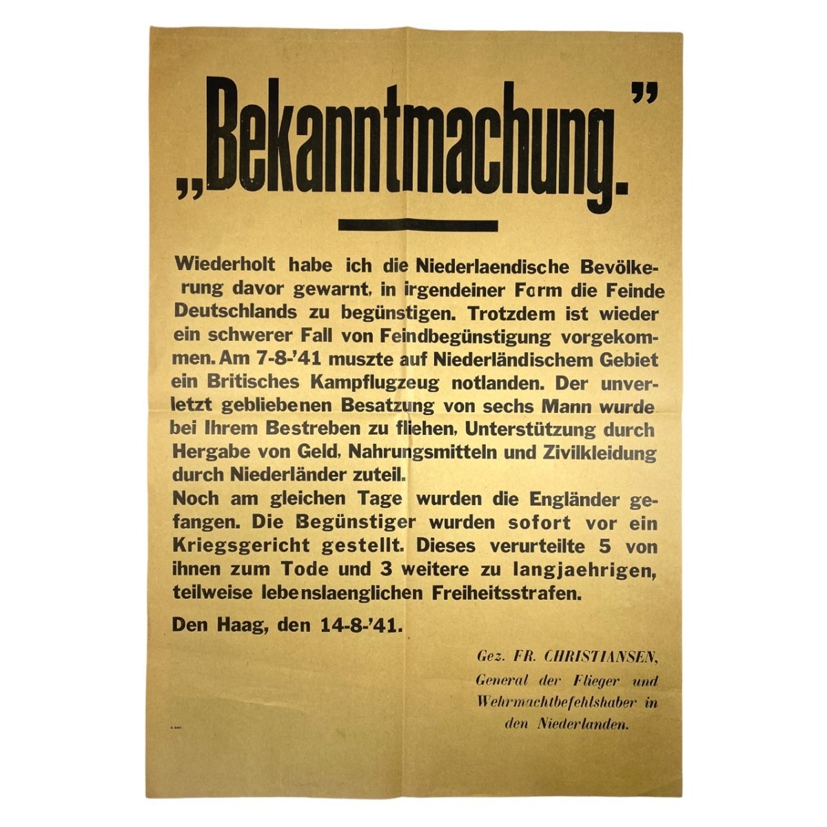 Original WWII German announcement poster - British pilots in Den Haag ...