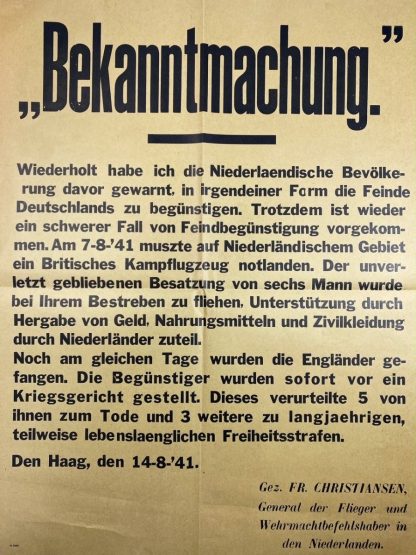 Original WWII German announcement poster - British pilots in Den Haag