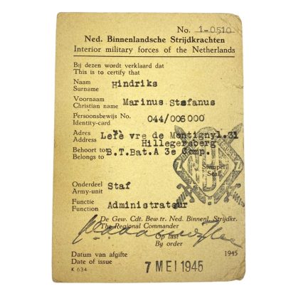 Original WWII Nederlandse Binnenlandse Strijdkrachten ID card Hillegersberg