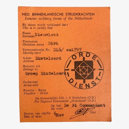 Original WWII Nederlandse Binnenlandse Strijdkrachten ID card Dinteloord