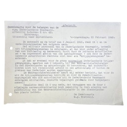 Original WWII Dutch document related to Dutch POW's