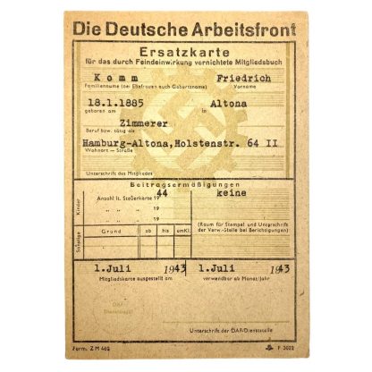 Original WWII Deutsche Arbeitsfront Ersatzkarte