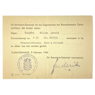 Original WWII Dutch work statement card Evacuation department in Zuid-Holland