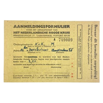 Original WWII Nederlandsche Roode Kruis aanmeldingsformulier