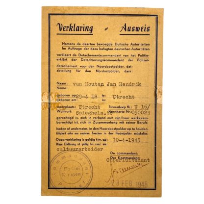 Original WWII Dutch/German ID cards for Dutch worker in the Noordoostpolder